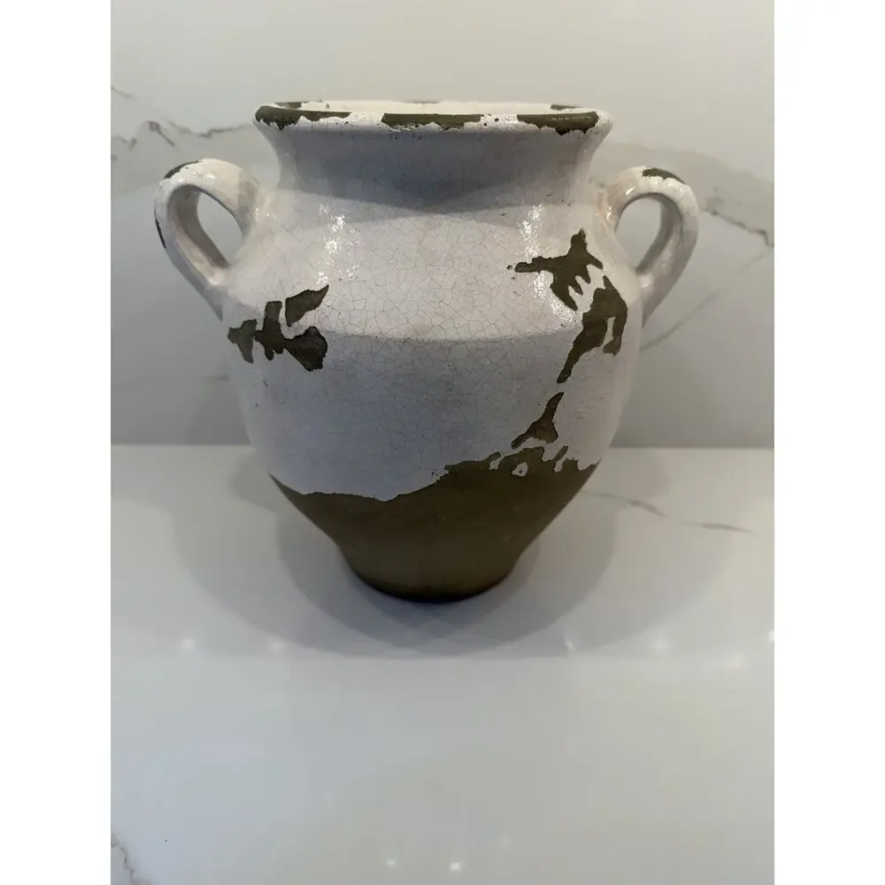 Pottery Barn Tuscany Crackle Glaze Terracotta Ceramic Urn Vase Rustic White